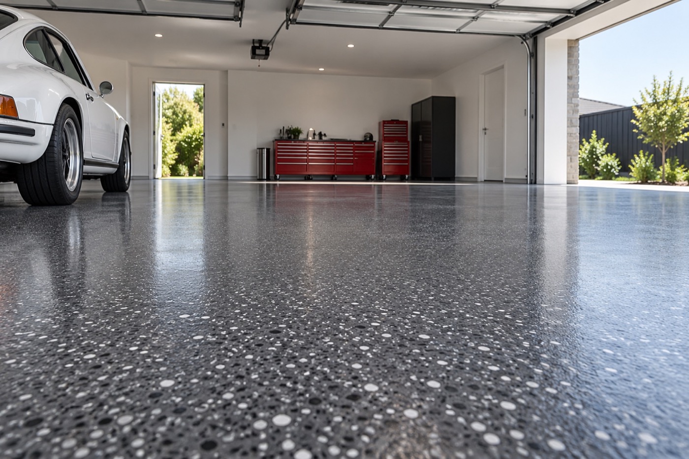 A modern double garage with charcoal flake epoxy flooring