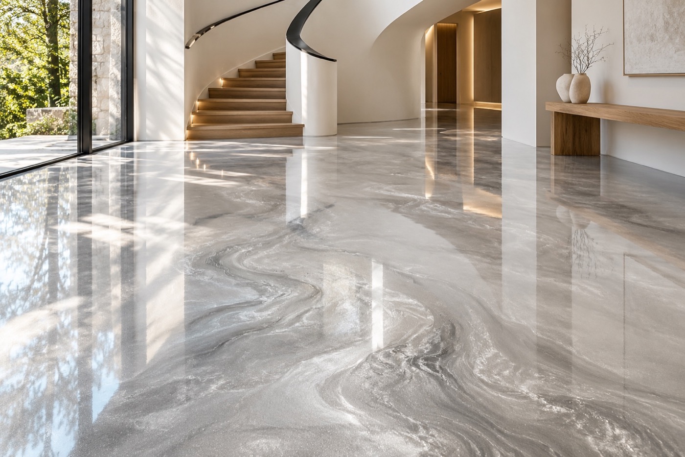A premium residential entry with flowing silver metallic epoxy flooring and a curved staircase
