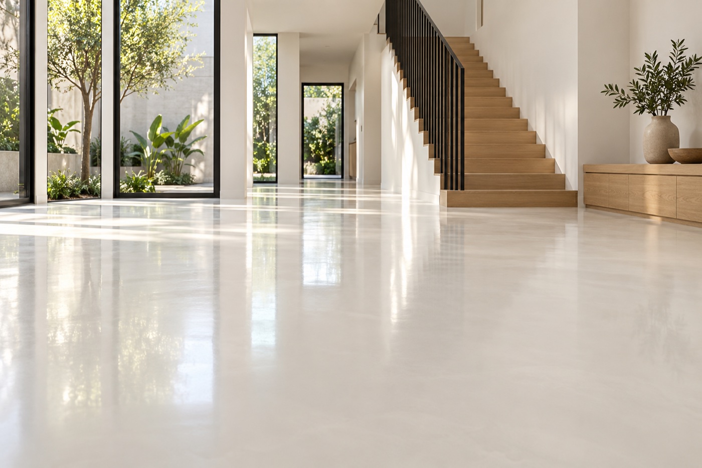 Modern home with seamless white resin flooring, timber detail and an oak staircase